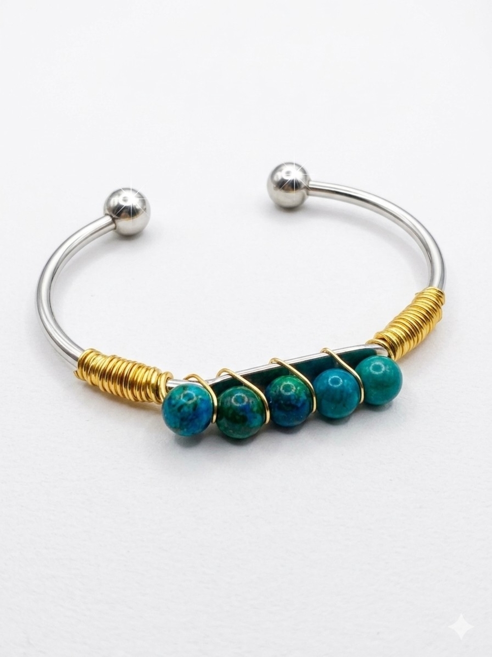 Handcrafted Stainless Steel Turquoise Bead Cuff Bracelet - Gold & Silver Accents
